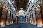 Sculpted cave interior, Ajanta Caves, Maharashtra state, India