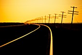 Endless line of telephone poles along rail road tracks at sunrise Imperial Valley, CA