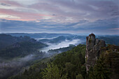 View from Felsenburg Neurathen over the Wehlgrund valley onto the Monk Rock, Bastei Rocks, National Park Saxon Switzerland, Elbe Sandstone Mountains, Saxony, Germany, Europe