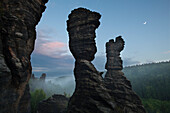 Hercules Towers at Bielatal valley in the morning, National Park Saxon Switzerland, Elbe Sandstone Mountains, Saxony, Germany, Europe