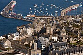 France, Finistere, Roscoff Port, aerial view of the city