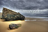 France, Brittany, Quiberon, La Cote Sauvage, rocks on the sand