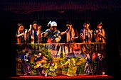 Myanmar (Burma), Mandalay State, Mandalay, Mandaly Puppets, actors operating puppets on stage to play the Zat Pwe legends(buddhic jataka) and Yamazat legends (from the indian Ramayana)