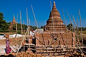 Myanmar (Burma), Mandalay State, Bagan (Pagan), Old Bagan, Khaymingha Temple (13th), stupa restoration