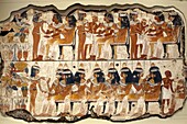England,London,British Museum,Wall Painting of Guests at the Banquet from Nebamun's Tomb Chapel Luxor 1350BC