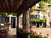 France, Pérouges, Ain (01), Place de la Halle, Branded The Most Beautiful Villages of France, flowered facades