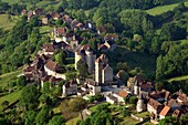 France, Correze (19), Curemonte, village labeled The Most Beautiful Villages of France, the castles of Saint-Hilaire and Plas are a set of two castles, (aerial view)