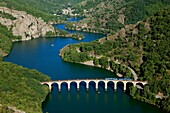 France, Lozère (48), Lake Villefort, and Altier viaduct in the gorges of the Altier, basically the village of Castanet, located on the shores of Lake in the peripheral zone of the Cevennes National Park