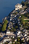 France, Maine et Loire (44), labeled Village Montsoreau The Most Beautiful Villages of France, the chateau of the fifteenth century, on the banks of the Loire, the vineyards of Loire wines, Champigny, Saumur, (aerial view)