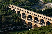 France, Gard (30), Pont du Gard, Roman aqueduct, listed building, (aerial photo)