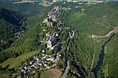France, Aveyron (12), Najac, hilltop village located in the gorges of the Aveyron, village labeled The Most Beautiful Villages of France, (aerial photo)