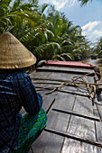 Person in Conical Hat on Boat in River, Rear View, Mekong Delta, Vietnam