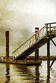 Pier and seagull on a foggy morning, Vancouver, Canada, Pier on a foggy morning