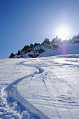 Skispur im Tiefschnee, Schweizer Tor, Rätikon, Montafon, Vorarlberg, Österreich