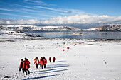 Touristengruppe auf Deception Island, Kreuzfahrtschiff, Südliche Shetlandinseln, Antarktis