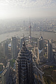 View from the observation deck of the Shanghai World Financial Center over city and Huangpu river, Pudong, Shanghai, China, Asia