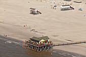 Aerial view of stilted buildings on the beach, North Sea coast, St Peter-Ording, North Friesland, Schleswig-Holstein, Germany