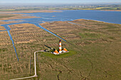 Aerial view of lighthouse at Westerheversand, Eiderstedt Peninsula, Northern Frisia, Schleswig-Holstein, Germany