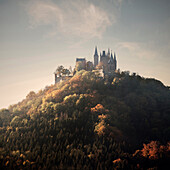 Hohenzollern castle in autumn in the evening light, Zollernalb, Schwaebische Alb, Baden-Wuerttemberg, Germany, Europe