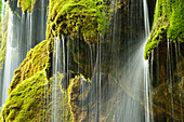 Wasser fließt über bemooste Felswand, Naturdenkmal Schleierfall, Schleierwasserfall, Ammer, Pfaffenwinkel, Garmisch-Partenkirchen, Oberbayern, Bayern, Deutschland