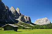 Alpine meadow with hay barn in front of Sella range and Langkofel, Sella, Dolomites, UNESCO world heritage site Dolomites, South Tyrol, Italy
