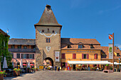 Restaurants at the Untertor in the sunlight, Turckheim, Alsace, France, Europe