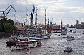 Windjammer tall sailing ship Krusenstern with other ships and boats on Elbe river as part of Hamburg harbour birthday celebrations, Hamburg, Germany, Europe