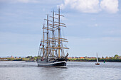 Windjammer tall sailing ship Krusenstern on Elbe river following Hamburg harbour birthday celebrations, Hamburg, Germany, Europe