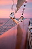 Railing and bowsprit of sailing cruise ship Star Flyer at sunset, Baltic Sea, Latvia, Baltic States, Europe