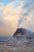 Steam venting from White Dome Geyser and autumn storm clouds at sunrise, Yellowstone National Park, Wyoming