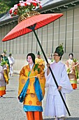 Participants dressed in Imperial court costumes of the Heian period 794-1185 taking part in the Aoi Matsuri parade