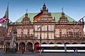 The mediaeval town hall in Bremen and tram, Germany, Europe