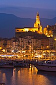 building , church , Color image , colourful , Côte d´Azur , dusk , evening , France , harbour , holiday , house , illuminate , light , lights , Mediterranean , Mediterranean Sea , Menton , Michel , mountain , night , outdoor , overview , Provence , reflec