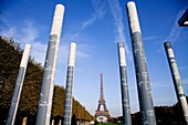 Wall of Peace in Champ de Mars, park around of Eiffel Tower, Paris, France  No building better symbolises Paris than the Tour Eiffel