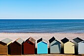 Beach huts overlooking the English Channel at Budleigh Salterton, Devon, England, United Kingdom