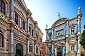 Scuola Grande di San Rocco left and San Rocco St Roch church right, Campo San Rocco, Venice, Italy