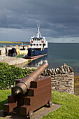 Old cannon and vehicular ferry from Shapinsay Island to Kirkwall, Shapinsay Island, Orkney Islands, Scotland, United Kingdom