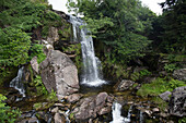 Waterfall in Snowdonia National Park seen from Ffestiniog narrow gauge heritage railway, Near Coed-y-Bleiddiau, Gwynedd, Wales, United Kingdom