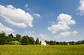 Chapel in the middle of a meadow, Hallertau, Bavaria, Germany