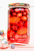 Jar of red fruit and berries, preserve, homemade, Bavaria, Germany