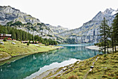 Mountain scenery with lake Oeschinensee, Kandersteg, Bernese Oberland, Canton of Bern, Switzerland, Europe