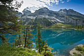 Mountain scenery with lake Oeschinensee, Kandersteg, Bernese Oberland, Canton of Bern, Switzerland, Europe