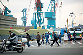 Traffic during shift change at the worlds largest shipyard, Hyundai Heavy Industries (HHI) dockyard, Ulsan, South Korea