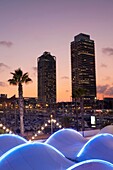 Mapfre tower and Hotel Arts in the Olympic harbour, Barcelona, Spain