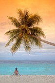 Girl seated under a palm on seashore, Biyadhoo island, Maldives