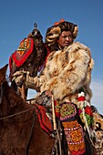 Kazak eagle hunter from far western province of Bayan Olgii compete in winter festival, Mongolia