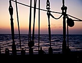 Sunset aboard of tall ship Thalassa, North Sea, Europe