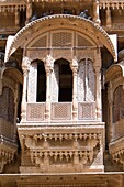 Window detail of historic Indian mansion or haveli Jaisalmer Rajasthan India