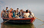 A Boatload of Hindu Pilgrims on The River Ganges, Varanasi, Uttar Pradesh, India
