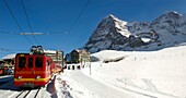 The Jungfrau train at the foot of the Eiger mountain at Kleiner Scheidegg, Swiss Alps